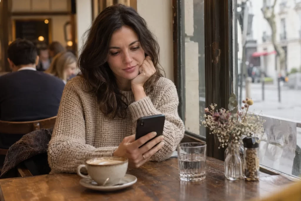 Une femme consulte son téléphone à une table de café
