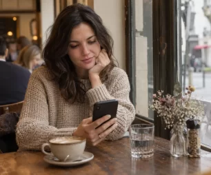 Une femme consulte son téléphone à une table de café