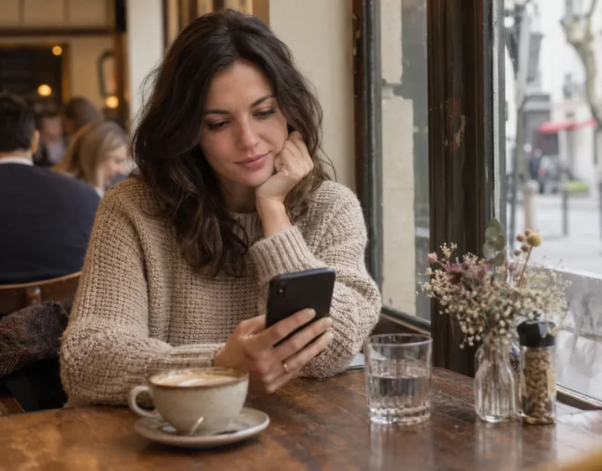 Une femme consulte son téléphone à une table de café