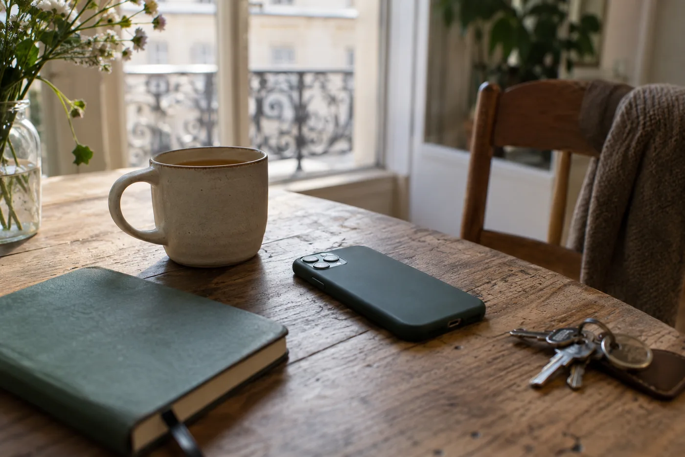 Téléphone posé face contre table à côté d’une tasse et d’un carnet