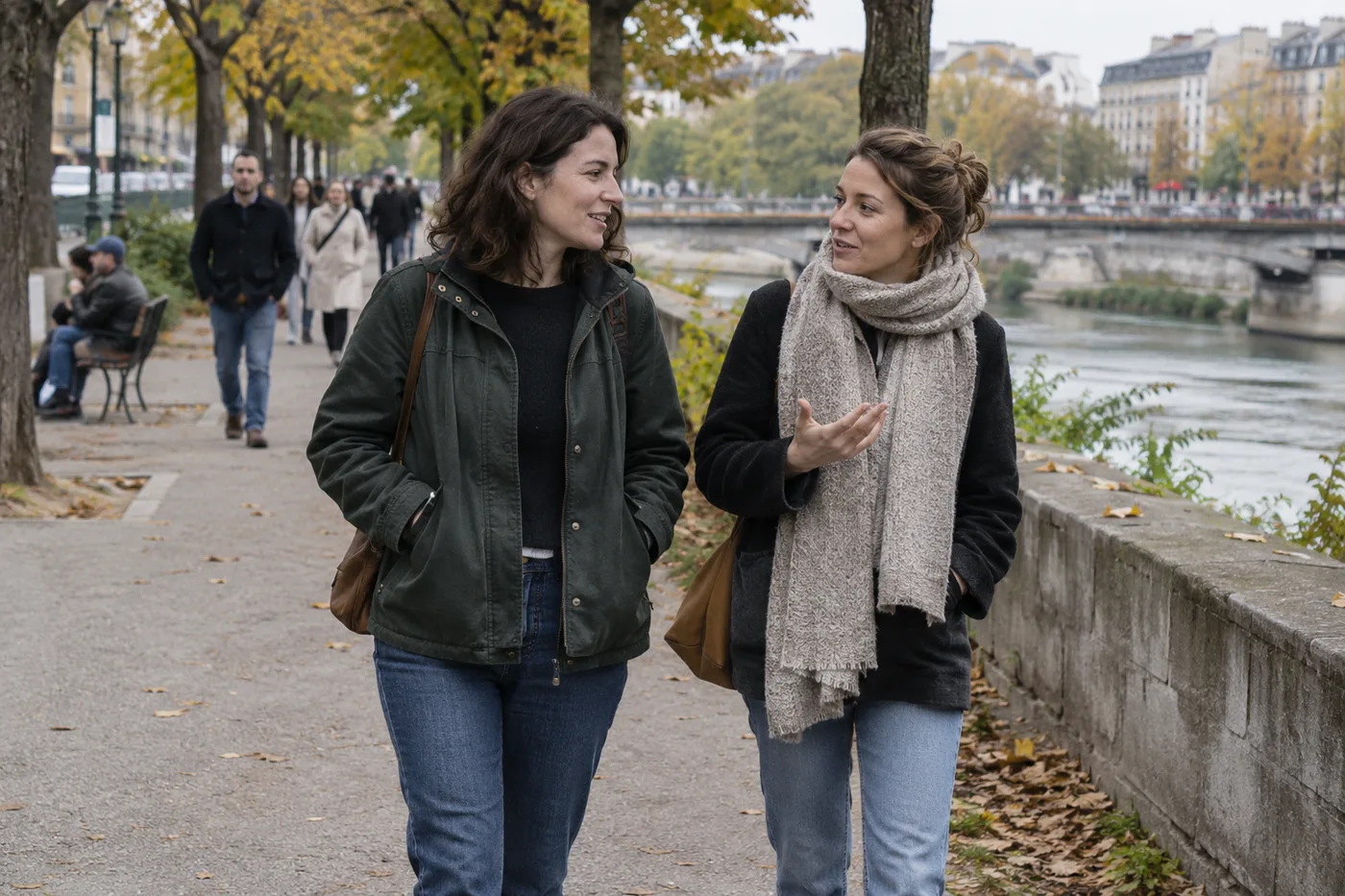 Deux amies se promènent au bord de la rivière en automne